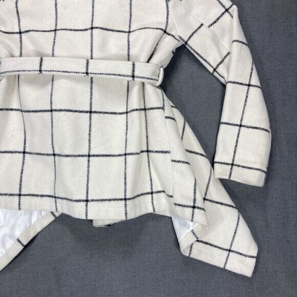 Chicwish Wool Blend Asymmetrical Coat XXS Ivory Grid Print Classic Belted Jacket - Picture 9 of 16